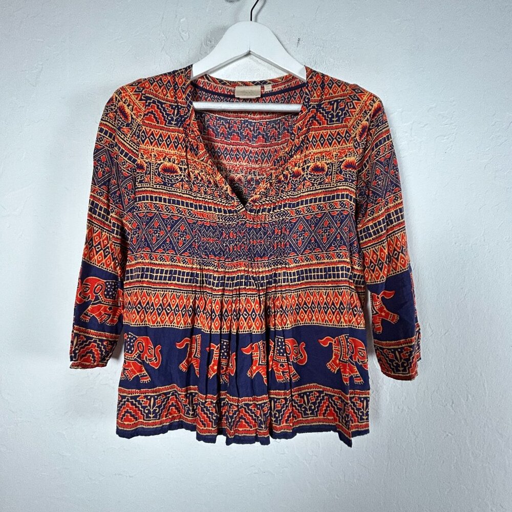 Vanessa Virginia Mahdia Boho Peasant Elephant Print V-Neck Blouse 3/4 Sleeve